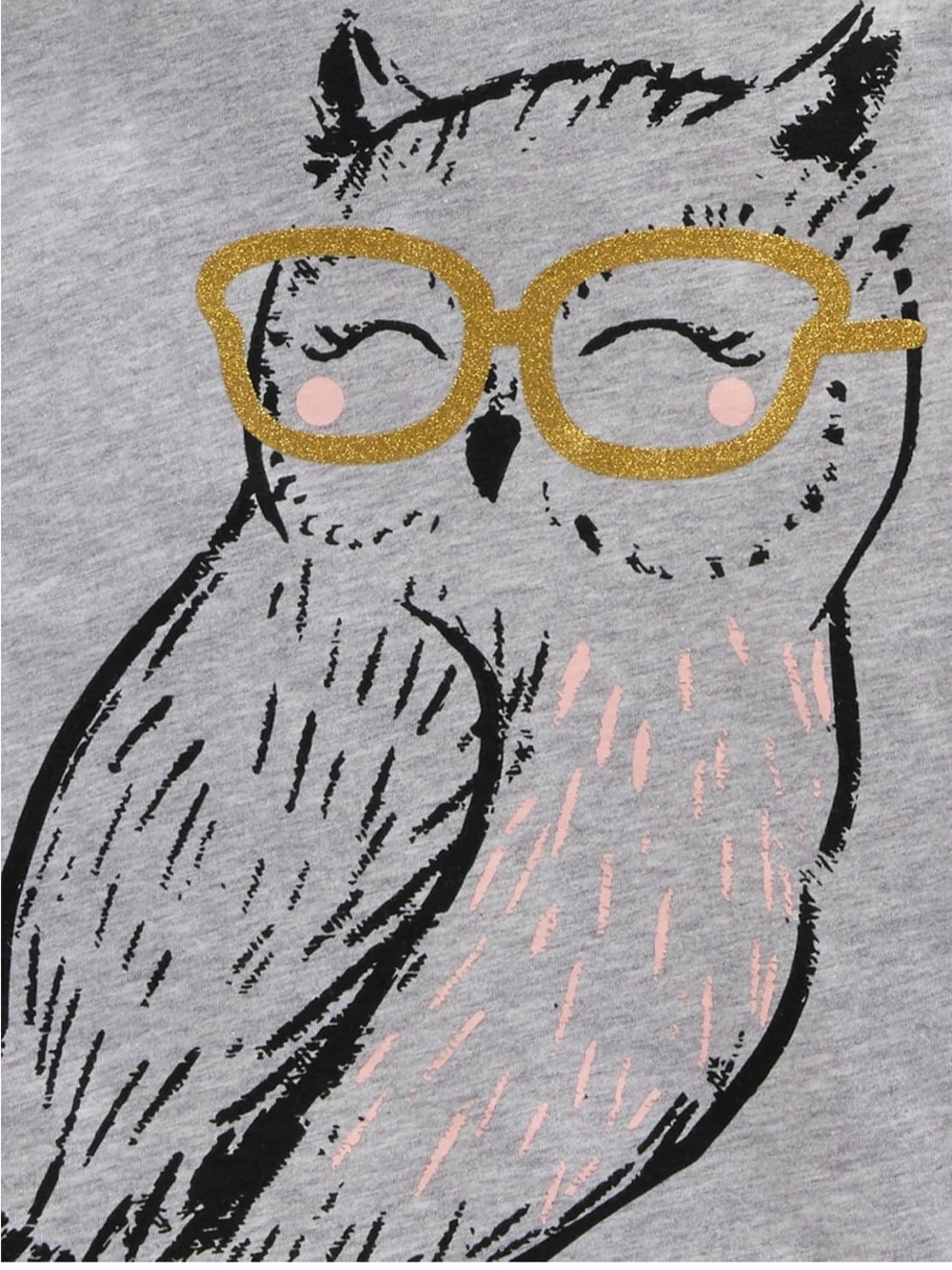 Girls 100% Cotton Long Sleeve Owl Graphic Top - Gray with Gold and Pink Accents.